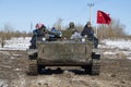 Visitors to the park `Steel landing` ride the Soviet amphibious tank