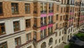 Drone aerial view on residential estate low-rise buildings Opalikha O3. Red brick house wall, windows. Beautiful design architectu