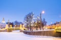 The Krasnogvardeysky bridge at the confluence of the Griboyedov and Kryukov Canals near the St. Nicholas Cathedral in