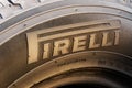 Krasnoyarsk 15 December 2019: Pirelli - logo close-up on the sidewall of the tire