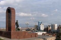 Monument to soldiers-internationalists stands against the background of the city of Krasnoyarsk