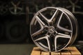 Krasnoyarsk, Russia, February 20, 2020: alloy wheels black original Mercedes Benz new, with a three-beam star. the