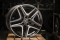 Krasnoyarsk, Russia, February 20, 2020: alloy wheels black original Mercedes Benz new, with a three-beam star. the