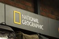 Krasnoyarsk, Russia, July 20, 2020: national geographic the company`s logo on a display case with goods for travelers and Royalty Free Stock Photo