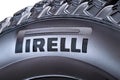 Krasnoyarsk, Russia, 28 july 2019: Pirelli logo on the side of the tire, close-up, isolated