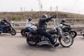 Krasnoyarsk, Russia - May 16, 2020: Harley Davidson outdoor. Biker man riding on motorcycle.