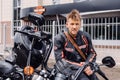 Krasnoyarsk, Russia - May 16, 2020: Harley Davidson outdoor. Biker man sitting on his motorcycle