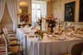 Krasny Dvur Chateau, North Bohemia, Czech Republic, 19 June 2021: Castle interior, baroque furniture in dining room, large table