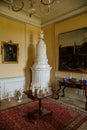 Krasny Dvur Chateau, North Bohemia, Czech Republic, 19 June 2021: Castle interior, baroque furniture in living room, porcelain