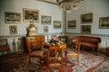 Krasny Dvur Chateau, North Bohemia, Czech Republic, 19 June 2021: Castle interior, Biedermeier furniture, living room wooden