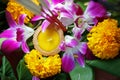 Krathong ,hand crafted floating basket by banana leaf,decorated with flowers and incense sticks, candle, Royalty Free Stock Photo