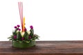 Krathong made of banana leaf and flowers for floating in the Lay Krathong Festival on wood table with clipping path Royalty Free Stock Photo