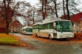 Kravare, Machuv kraj, Czech republic - october 29, 2016: white CSAD buses parked at a bus stop during the autumn tourist season