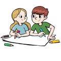 Girl and boy draw on big paper and create together