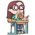 girl with glasses sits on a school desk and eats a sandwich