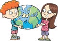 boy and a girl protect and hold the planet earth