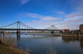 View on old inland harbor with steel bridge over river rhine, industrial area background Royalty Free Stock Photo