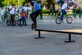 Kremenchug, Ukraine - June 05, 2017: Skater doing tricks in skatepark during the festival of street culture Royalty Free Stock Photo