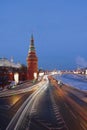 The Kremlin building in the evening and tracers from cars