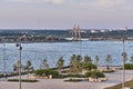 Kremlin embankment on summer day. Kazanka River and Millennium Bridge, Kazan, Russia Royalty Free Stock Photo