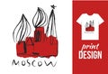 Kremlin hand drawn illustration with text moscow. Vector illustration for t-shirt on other used.