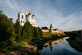 Kremlin in Pskov, Russia. Ancient fortress. Golden dome of Trinity Church