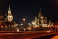 Kremlin Spaakiy tower and Saint Basil's Cathedral at night Royalty Free Stock Photo