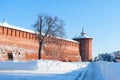 The Kremlin wall in the historic centre of red brick snowy winter horizontal layout