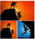 Hikers climbing up mountain. Silhouette of helping hand between two climber. couple hiking help each other