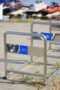 Krestovsky island. Empty bike parking for yacht club visitors, close-up