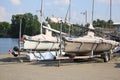 Krestovsky island. Two yachts on trailers on the shore