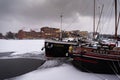 Kreuzberg riverfront and frozen river Spree in Berlin, Germany.