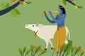 Lord Krishna playing flute with holy cow Royalty Free Stock Photo