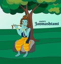 Krishna Janmashtami Cute Festival Poster. Lord Krishna playing flute in evening under a tree. Greeting card, flyer, banner, social