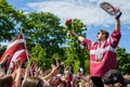 Kristians Rubins, IIHF Worlds Bronze Medalists Latvian Men's Ice Hockey team arrival Royalty Free Stock Photo