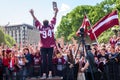 . Kristians Rubins, IIHF Worlds Bronze Medalists Latvian Men\'s Ice Hockey team arrival Royalty Free Stock Photo