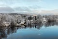 Kristiansand, Norway - January 17, 2018: Scenic view of the Tovdal River at Tveit, with houses by the riverside. Winter