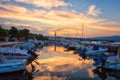Krk, the largest town on the Krk island, Kvarner bay, Croatia. Scenic view of the harbor, embankment and Krk cathedral at sunrise Royalty Free Stock Photo