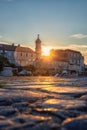 Krk, the largest town on the Krk island, Kvarner bay, Croatia. Scenic view of the harbor, embankment and Krk cathedral at sunrise Royalty Free Stock Photo