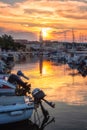 Krk, town on the Krk island, Kvarner bay, Croatia. Scenic view of harbor, and Krk cathedral at sunrise, outdoor travel background Royalty Free Stock Photo