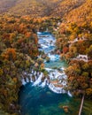 Krka, Croatia - Aerial panoramic view of the beautiful Krka Waterfalls in Krka National Park on a bright autumn morning Royalty Free Stock Photo