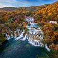 Krka, Croatia - Aerial panoramic view of the famous Krka Waterfalls in Krka National Park on a bright autumn morning Royalty Free Stock Photo