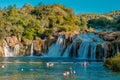 KRKA waterfalls Croatia September 2018, krka national park Croatia on a bright summer evening with people relaxing in