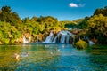 KRKA waterfalls Croatia September , krka national park Croatia on a bright summer evening with people relaxing in the