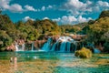 KRKA waterfalls Croatia September , krka national park Croatia on a bright summer evening with people relaxing in the