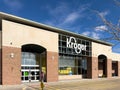 Kroger grocery store front entrance and logo. The Kroger Company is an American supermarket chain. Royalty Free Stock Photo