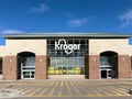 Kroger grocery store front entrance and logo. The Kroger Company is an American supermarket chain. Royalty Free Stock Photo