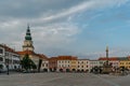 Kromeriz,Czech Republic-May 3,2022.Baroque Marian Column and historic Great Square in Czech town.Renaissance houses,fountain,