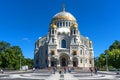 Kronstadt, Russia - June 20, 2020: Picturesque summer view of The Naval cathedral of Saint Nicholas in Kronstadt, Russia