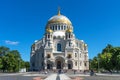 Kronstadt, Russia - June 20, 2020: Picturesque summer view of The Naval cathedral of Saint Nicholas in Kronstadt, Russia